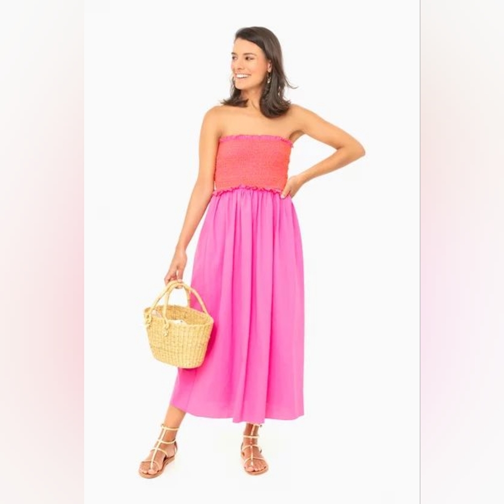 Tuckernuck Strapless Two-Tone Orange and Hot Pink Midi Dress